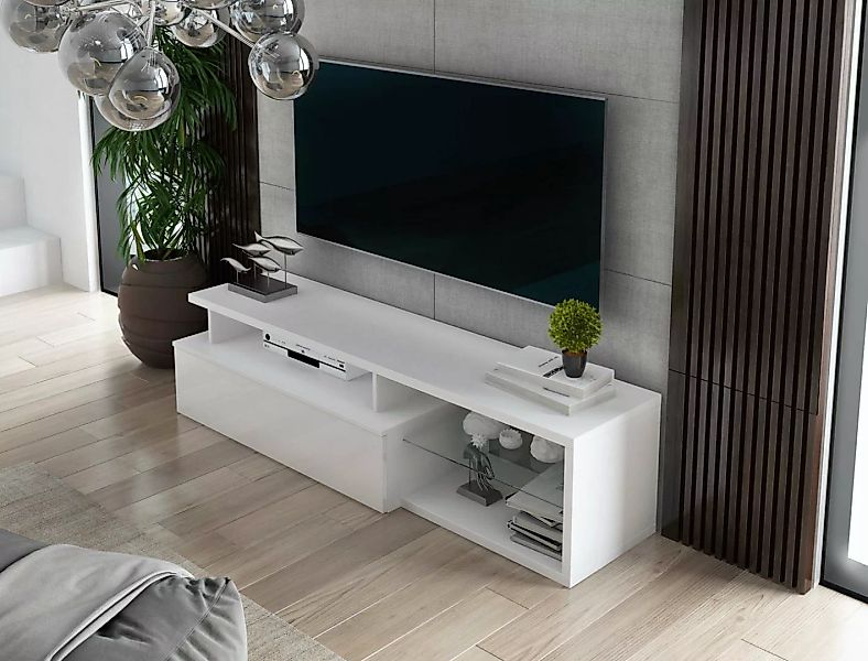 Furnix TV-Schrank Kabinett Golda Kommode mit Schrank und Glas-Regal Weiß 16 günstig online kaufen