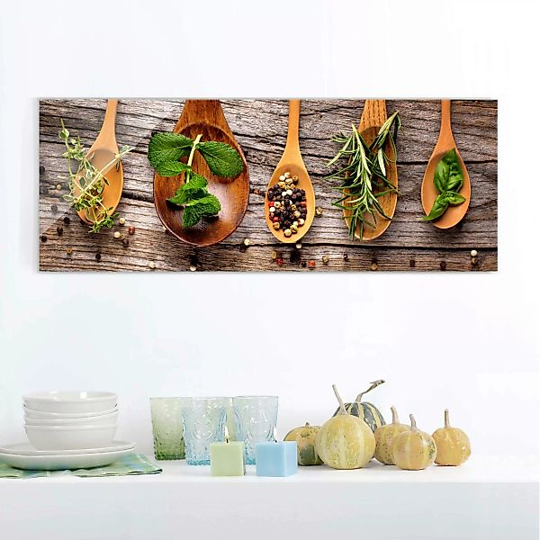 Glasbild Küche - Panorama Kräuter und Gewürze günstig online kaufen
