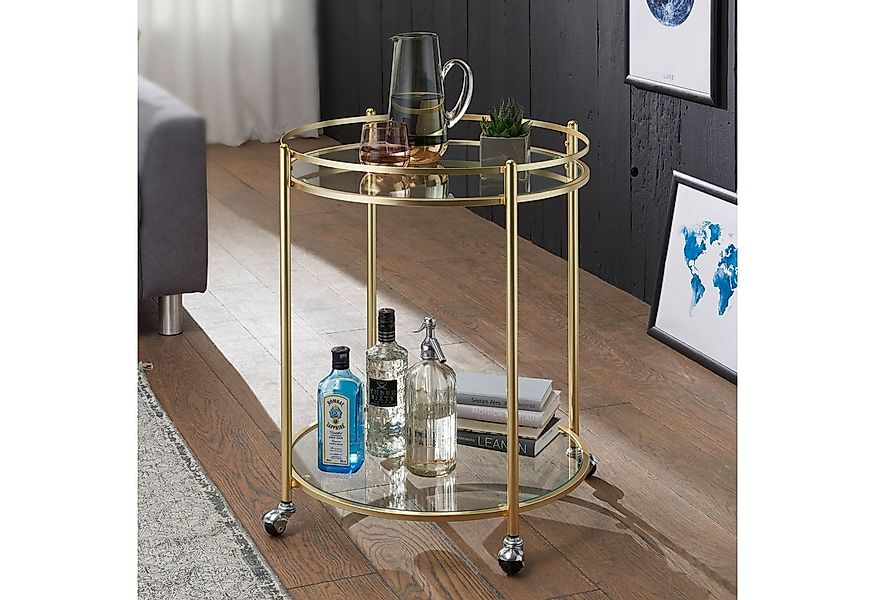 FINEBUY Servierwagen Gold Ø 57cm Beistelltisch Teewagen Rollen Küchenwagen günstig online kaufen