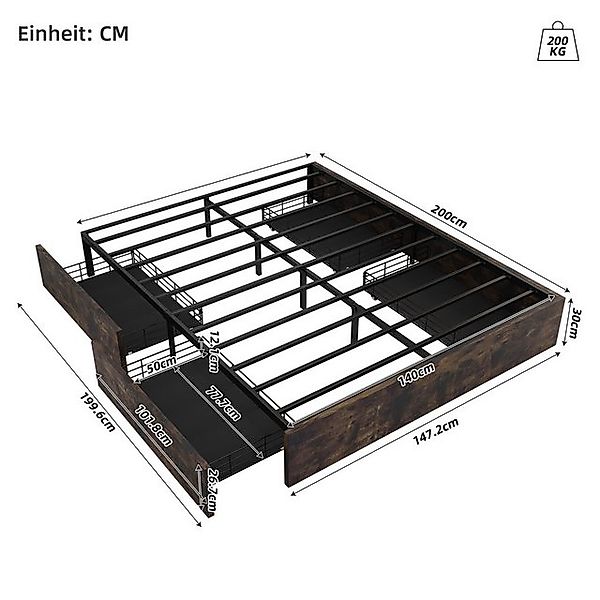 Flieks Metallbett, Kinderbett Doppelbett 140x200cm ohne Kopfteil mit 4 Schu günstig online kaufen