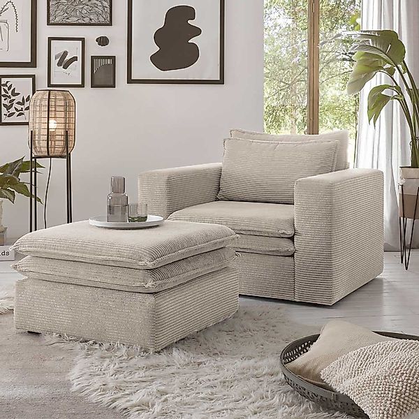 Komfortsessel Cord Beige in modernem Design Fußhocker (zweiteilig) günstig online kaufen