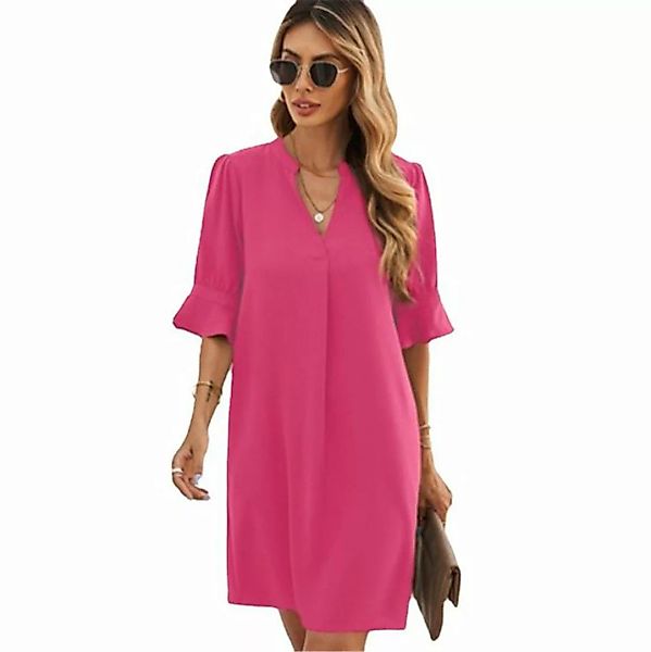 FIDDY Karokleid Solide Farbe V-Ausschnitt Lose lange Hemdärmel Kleider für günstig online kaufen