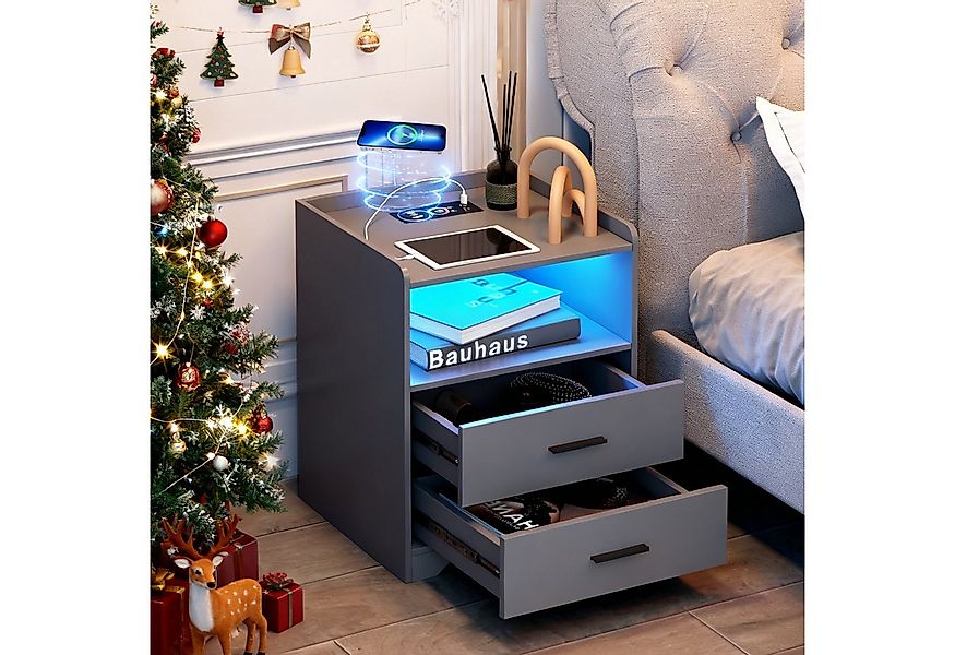 LVSOMT Nachttisch Moderne LED Nachttisch mit Ladestation und 2 Schubladen ( günstig online kaufen