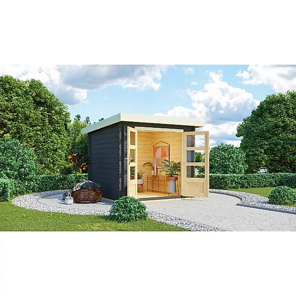 Karibu Holz-Gartenhaus Ängelholm Anthrazit Pultdach Lasiert 220 cm x 220 cm günstig online kaufen