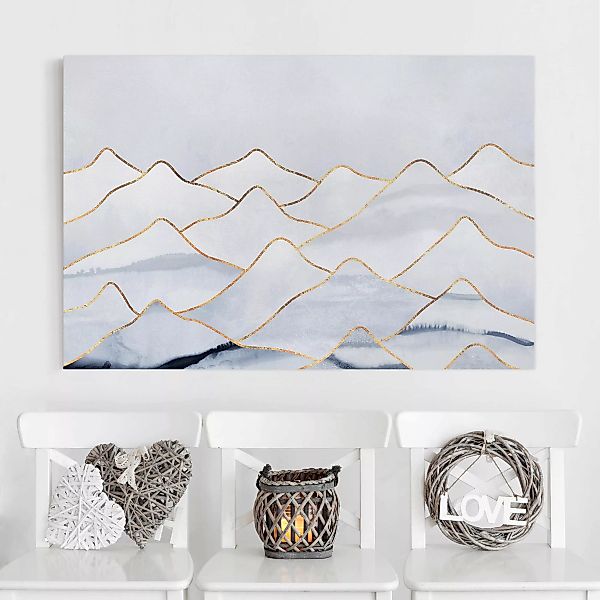Leinwandbild Abstrakt - Querformat Aquarell Berge Weiß Gold günstig online kaufen