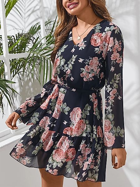 Yoins Navy V-Ausschnitt Blumendruck Lange Ärmel Mini Kleid günstig online kaufen