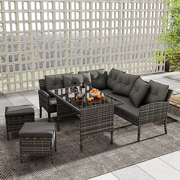 Flieks Gartenlounge-Set, 7-Sitzer L-förmiges Gartenmöbel Polyrattan günstig online kaufen