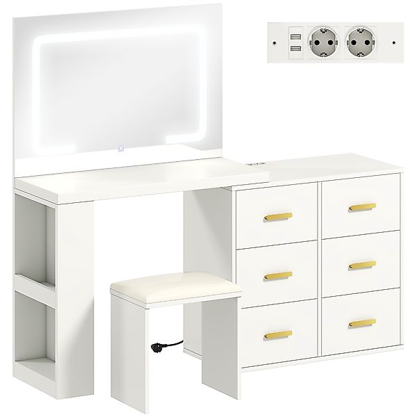 HOMCOM Coiffeuse mit Spiegel und Hocker, einstellbare LED-Beleuchtung mit 3 günstig online kaufen