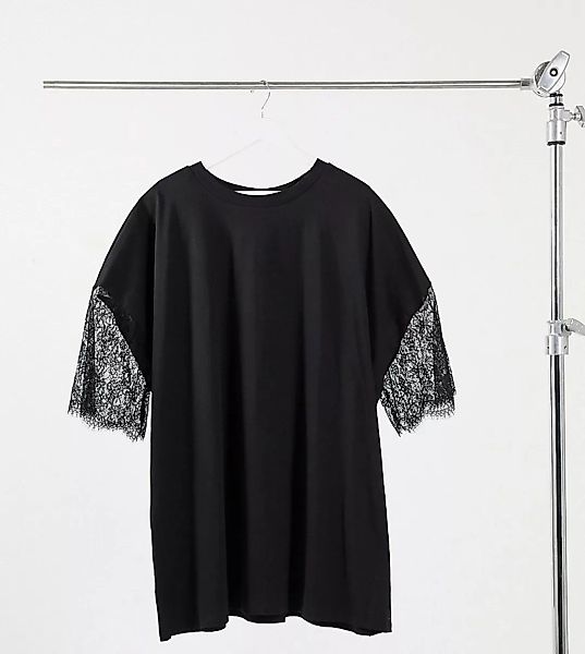 ASOS DESIGN Curve – Schwarzes T-Shirt-Kleid mit Spitze in Oversize-Passform günstig online kaufen