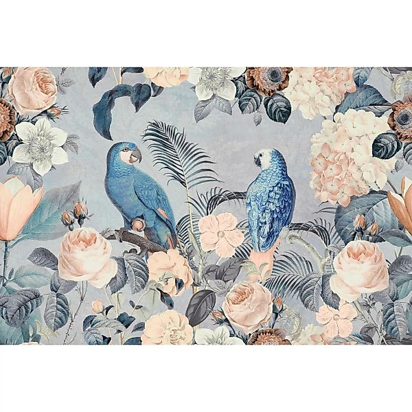 Fototapete Floral Blumen Vögel Grau Weiß Blau 4,00 m x 2,70 m FSC® günstig online kaufen