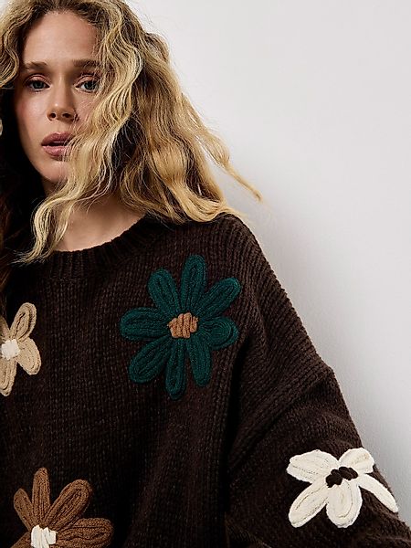 Apricot Rundhalspullover Oversize-Pullover, mit Stickerei-Margeriten günstig online kaufen