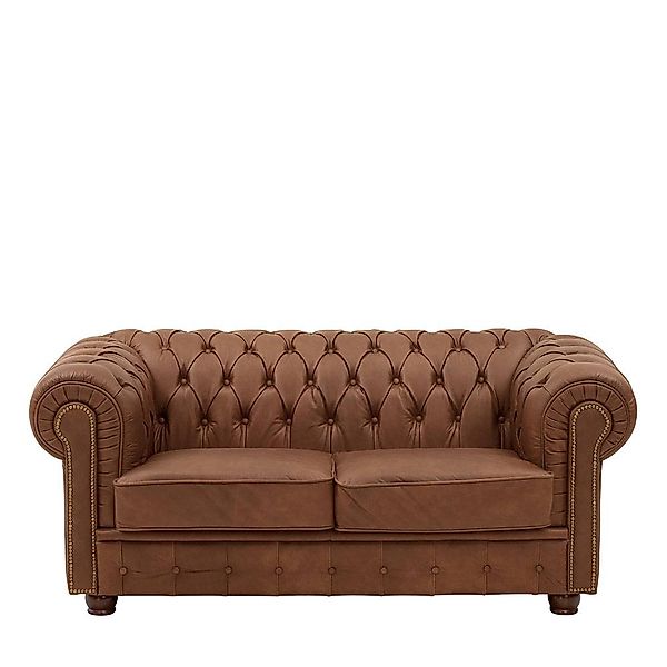 Wohnzimmer Sofa Cognac Braun aus Echtleder Chesterfield Look günstig online kaufen