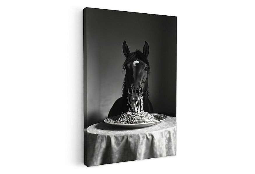 OneMillionCanvasses® Leinwandbild Pferd - Teller - Pasta - Tischtuch - Schw günstig online kaufen