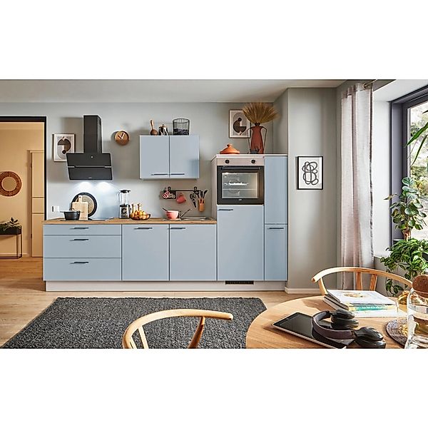 pino Küchenzeile 280cm Pastellblau Anschlag rechts 1 Geräte-, 1 Apothekersc günstig online kaufen