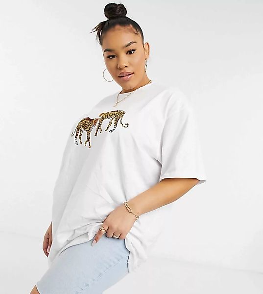 Native Youth Plus – Super großes T-Shirt mit Leopardenprint-Weiß günstig online kaufen