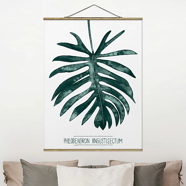 Stoffbild Blumen mit Posterleisten - Hochformat Smaragdgrüner Philodendron günstig online kaufen