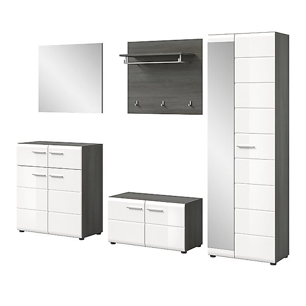 Inn.Furn Garderoben-Set 5-teilig Weiß Hochglanz Grau 250 cm Rumba günstig online kaufen
