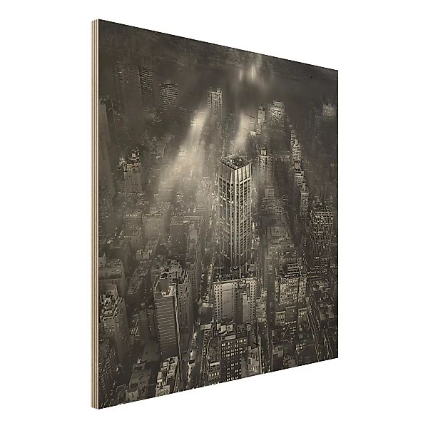 Holzbild Schwarz-Weiß - Quadrat Sonnenlicht über New York City günstig online kaufen