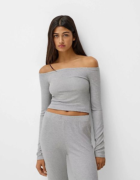 Bershka Shirt Mit Langen Ärmeln Und Carmen-Ausschnitt Damen S Grau günstig online kaufen