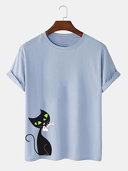 Herren Baumwolle Cartoon Schwarz Katze Print Plain Loose Thin O-Neck T-Shir günstig online kaufen