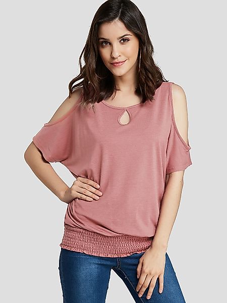 Pink Cold Shoulder Smocking Saum T-Shirt günstig online kaufen