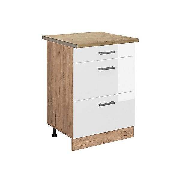Vicco Küchenunterschrank R-Line Weiß Hochglanz/Goldkraft Eiche 60 cm mit Sc günstig online kaufen