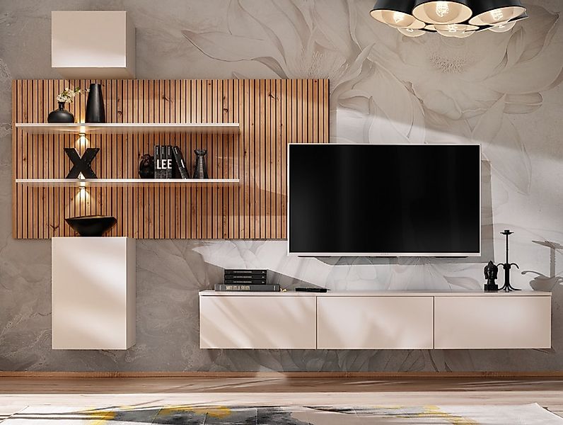 Furn.Design Wohnwand Laelia, (in Sand Cashmere matt mit Eiche Dekor, 3-teil günstig online kaufen
