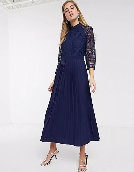 Little Mistress – Wadenlanges Kleid in Marineblau mit Spitzendetails günstig online kaufen