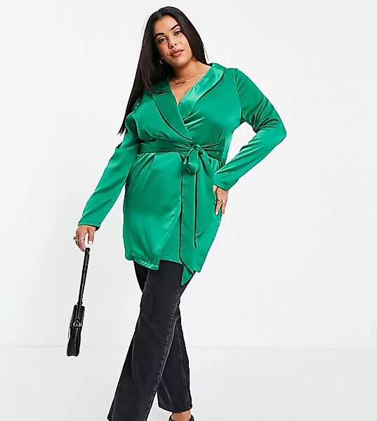 In The Style Plus x Naomi Genes – Vorn gebundenes Blazerkleid in Smaragdgrü günstig online kaufen