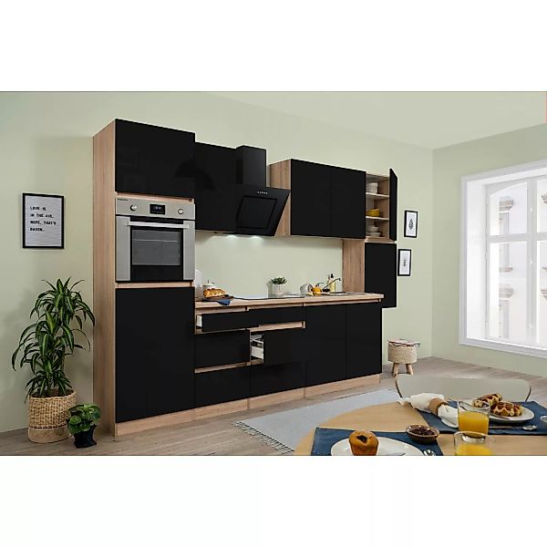 Respekta Küchenzeile GLRP320HESS Grifflos 320 cm Schwarz Hochglanz-Sonoma E günstig online kaufen