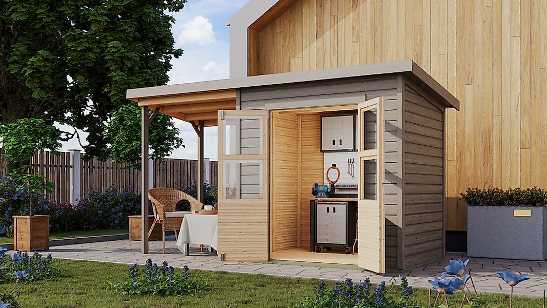 Karibu Gartenhaus ""Merseburg 3" vorvergraut mit Anbaudach" aus Fichtenholz günstig online kaufen