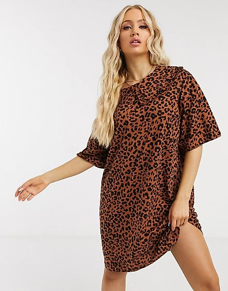 ASOS DESIGN – Kurzes T-Shirt-Kleid mit übergroßem Kragen und Leopardenmuste günstig online kaufen