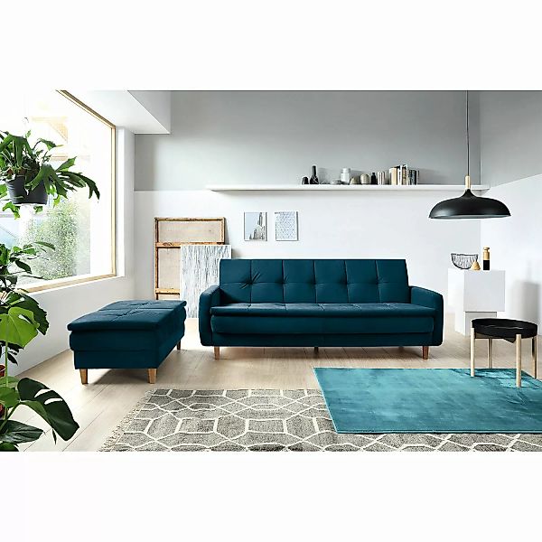 home24 loftscape Schlafsofa Pabna Marineblau Samt 218x84x115 cm mit Hocker günstig online kaufen