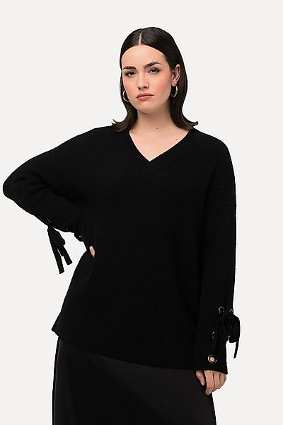 Ulla Popken Strickpullover Pullover Ärmel mit Ösen und Bändern oversized günstig online kaufen
