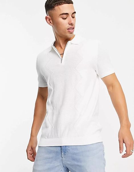 Topman – Polohemd in Weiß mit Rautenmuster und Reißverschluss günstig online kaufen