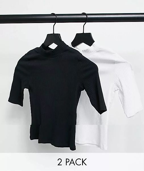 Monki – Sabrina – Kurzärmliges Shirt aus Bio-Baumwolle in Schwarz und Weiß günstig online kaufen