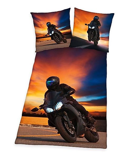 Herding Bettwäsche Motorrad 135x200cm Bike Schwarz Orange, Renforcé, 2 teil günstig online kaufen