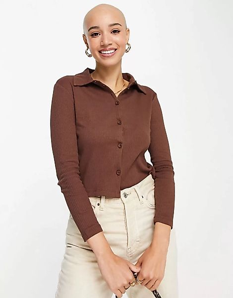 Miss Selfridge – Langärmliges Jersey-Hemd in Schokolade mit durchgehender K günstig online kaufen