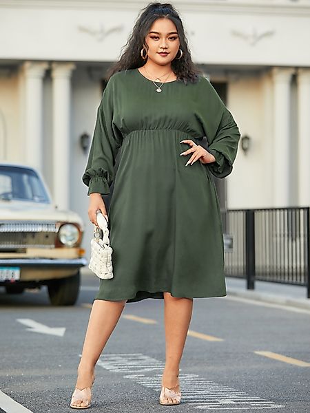 YOINS Plus Größe Rundhalsausschnitt Gummizug Lange Ärmel Midi Kleid günstig online kaufen