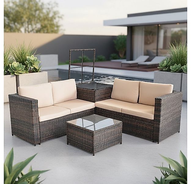 Melko Gartenlounge-Set Rattanlounge + Tisch und Kissenbox Garten Sofa Loung günstig online kaufen