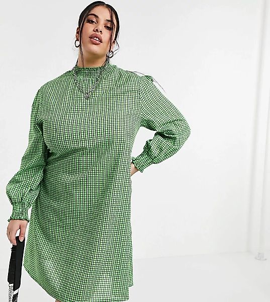 Daisy Street Plus – Langärmliges, klein kariertes Minikleid-Grün günstig online kaufen