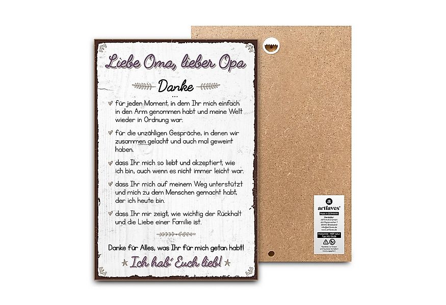 ARTFAVES Holzbild Schild mit Spruch - DANKE liebe Oma, lieber OPA - Großelt günstig online kaufen