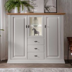 Landhaus Highboard in Weiß und Eichefarben drei Schubladen günstig online kaufen