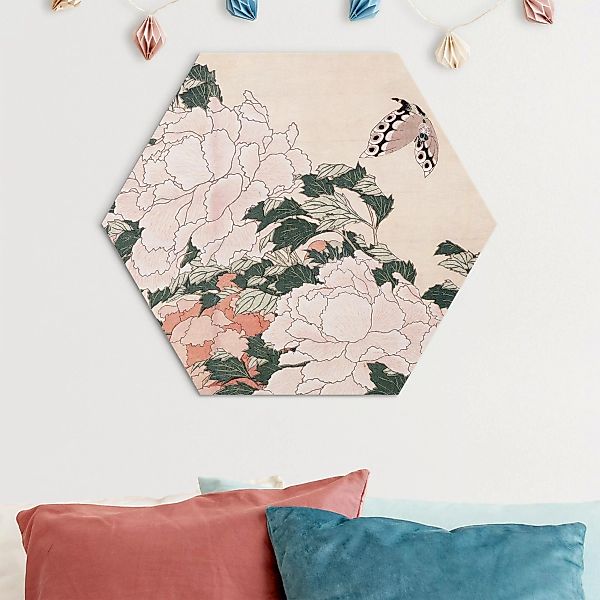 Hexagon-Alu-Dibond Bild Katsushika Hokusai - Rosa Pfingstrosen mit Schmette günstig online kaufen