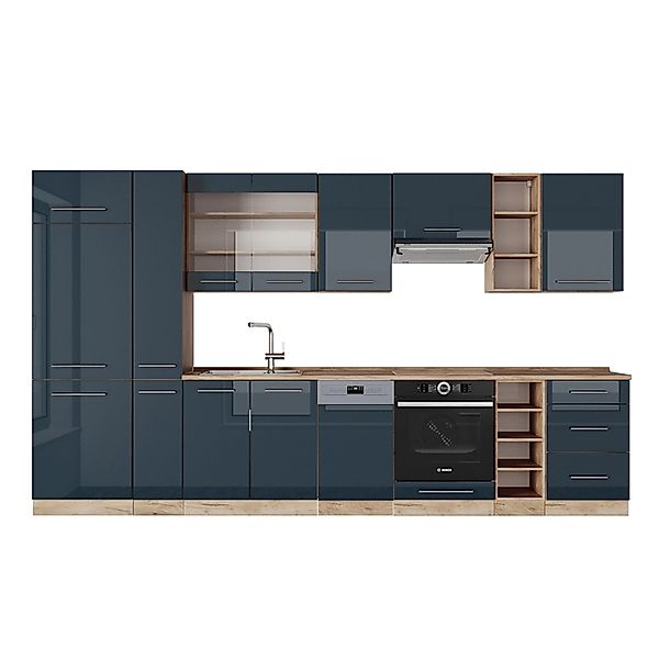 Vicco Fame-Line Küchenzeile Dunkelblau Hochglanz/Goldkraft Eiche 355 cm AP günstig online kaufen