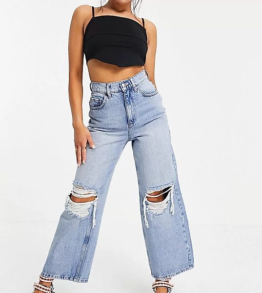 ASOS DESIGN Petite – Lockere Dad-Jeans mit hohem Bund und Rissen in heller günstig online kaufen