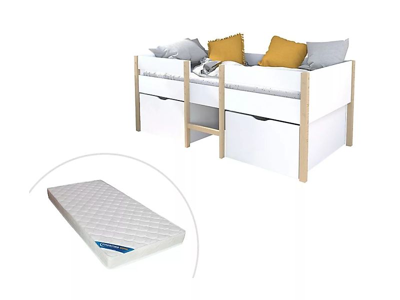 Halbhochbett mit 2 Schubladen + Matratze - 90 x 190 cm - Weiß & Eiche - SIS günstig online kaufen