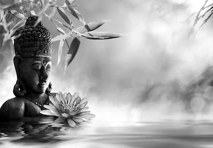 Papermoon Fototapete »Buddah Figur mit Blume Schwarz & Weiß« günstig online kaufen