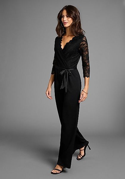 Laura Scott Jumpsuit mit Spitzenoberteil und Satin-Bindegürtel günstig online kaufen