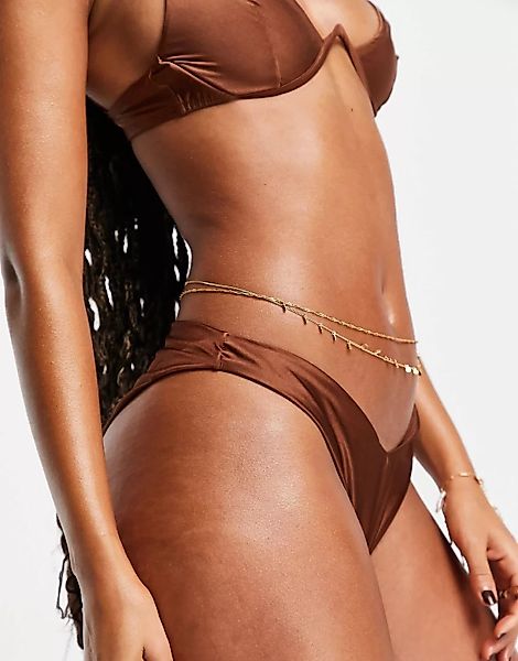 ASOS DESIGN – Mix and Match – Anschmiegsame Bikinihüfthose in Braun mit V-D günstig online kaufen